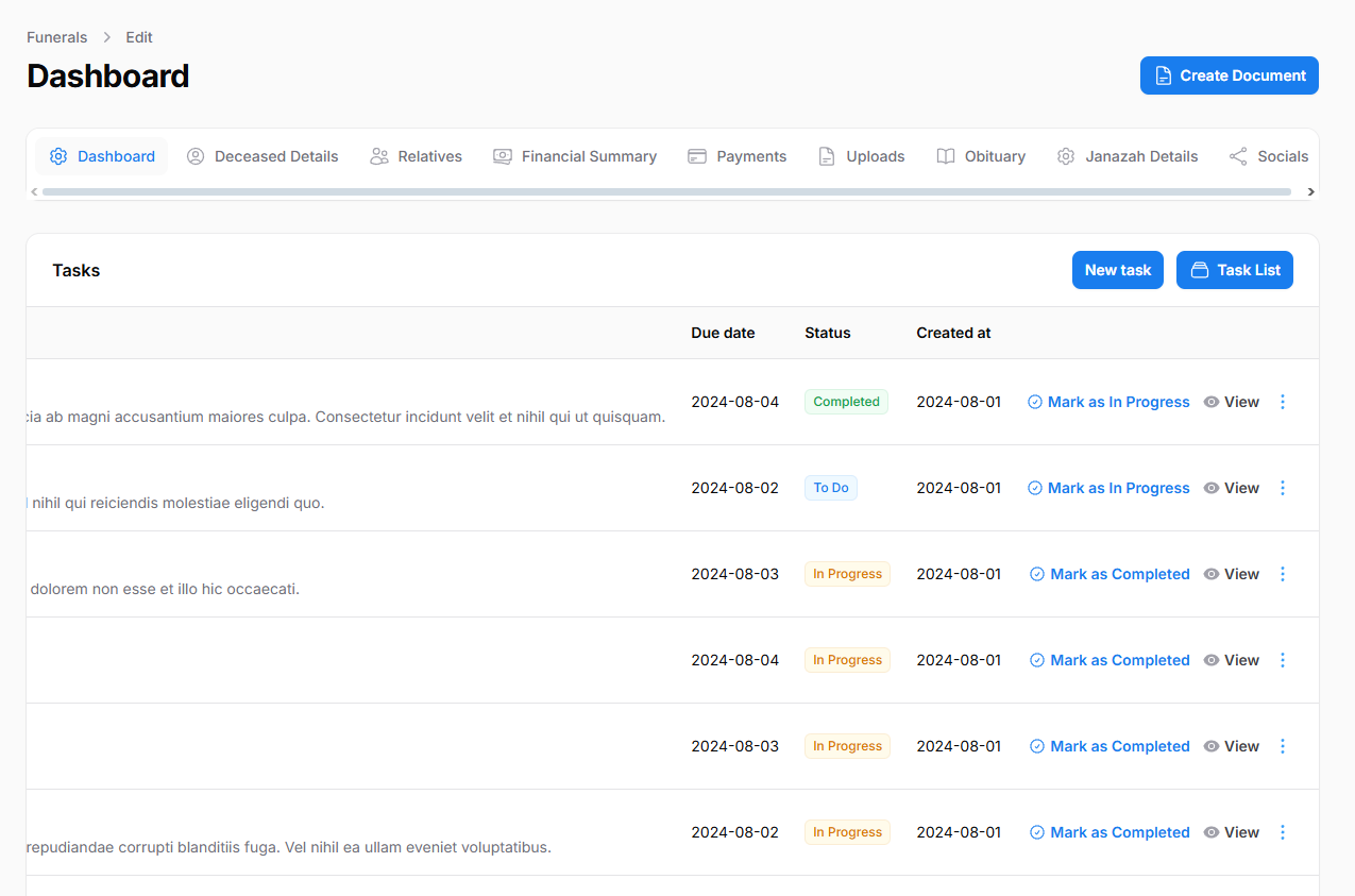 Janazah Dashboard Interface